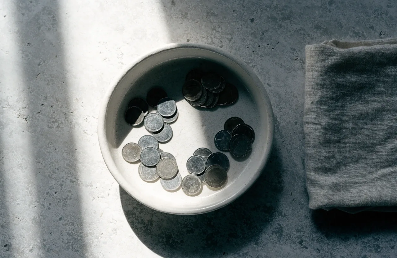 Ceramiczna miska z drobnymi monetami na jasnym kamiennym blacie obok złożonej kartki
